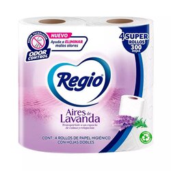 PAPEL HIGIENICO REGIO AIRES LAVANDA PAQ 4 ROLLO DE 300 HOJAS