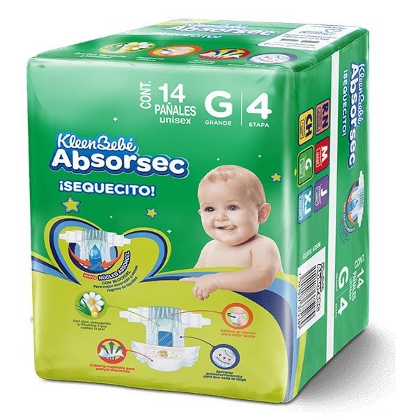 PAÑAL KLEEN BEBE ABSORSEC GRANDE 14 PIEZAS